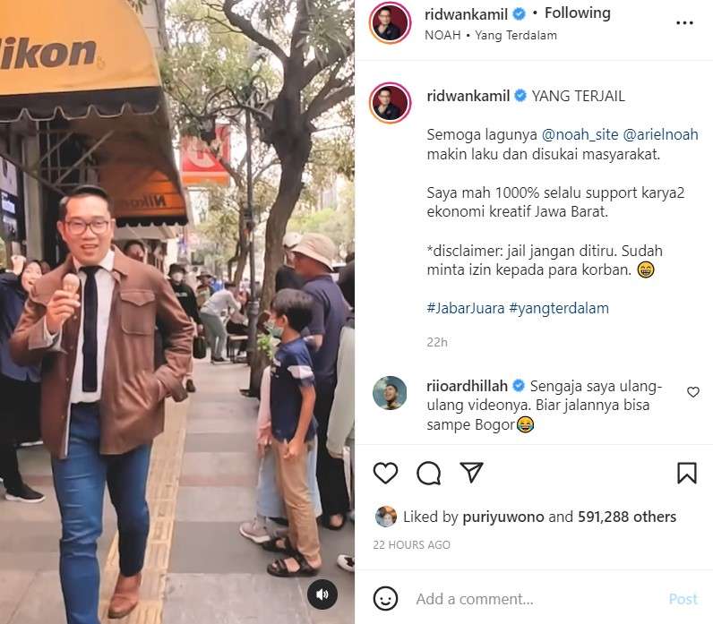 Ridwan Kamil ikutan parodi video Klip Noah Yang Terdalam