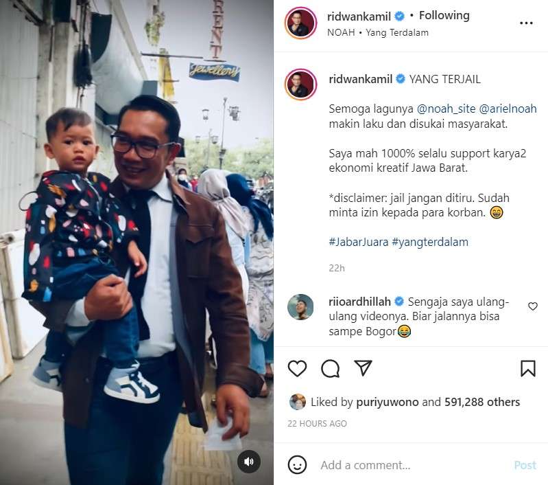 Ridwan Kamil ikutan parodi video Klip Noah Yang Terdalam