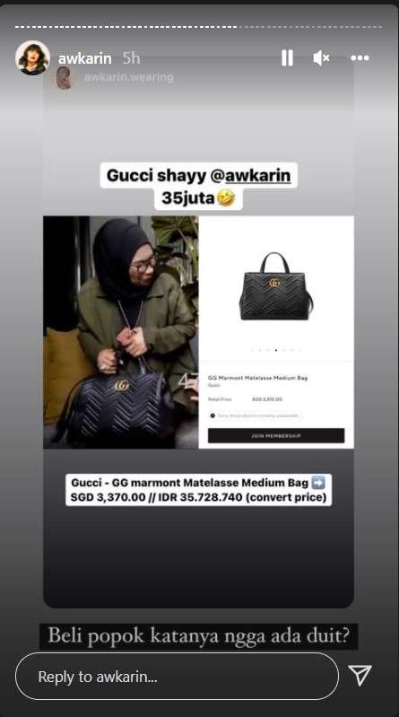 Unggahan Awkarin soroti tas yang dibawa Ibu Gaga Muhammad