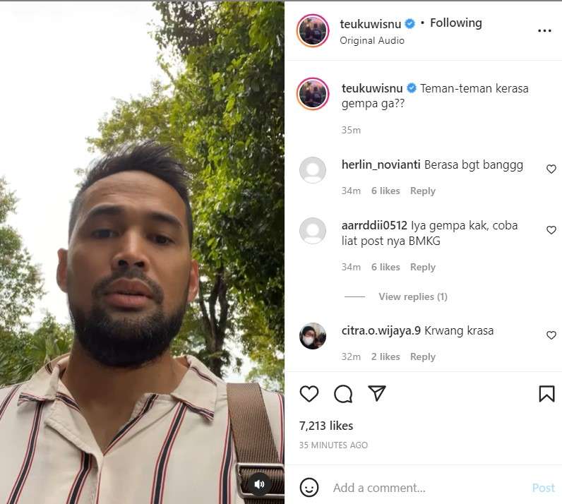 Unggahan Teuku Wisnu soal gempa