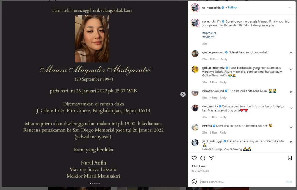 Putri Nurul Arifin Meninggal Dunia