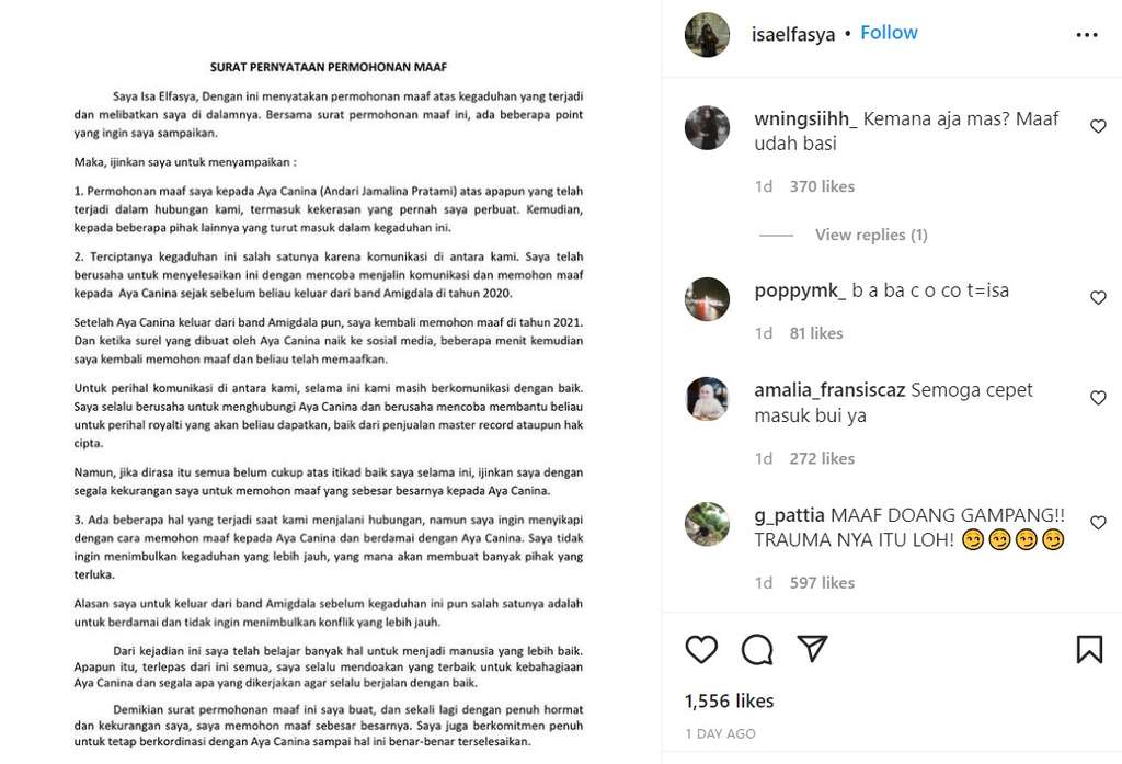 Permohonan maaf Isa mantan pacar Aya Canina Permohonan maaf Isa mantan pacar Aya Canina