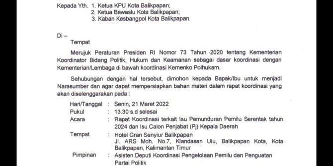 Surat rakor Kemenko Polhukam