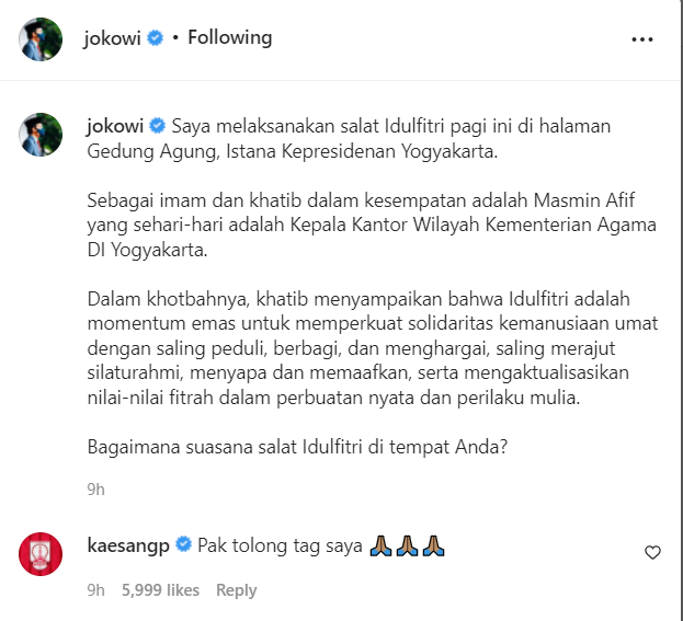 Kaesang komentari unggahan Bobby