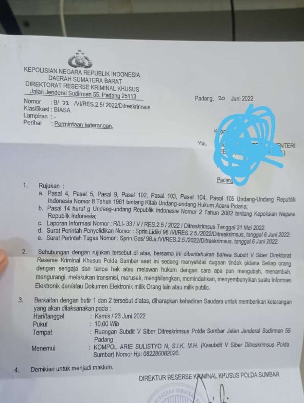 surat dari polda sumbar untuk bem km unand