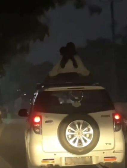 Viral sosok mirip kuntilanak nebeng di atap mobil.