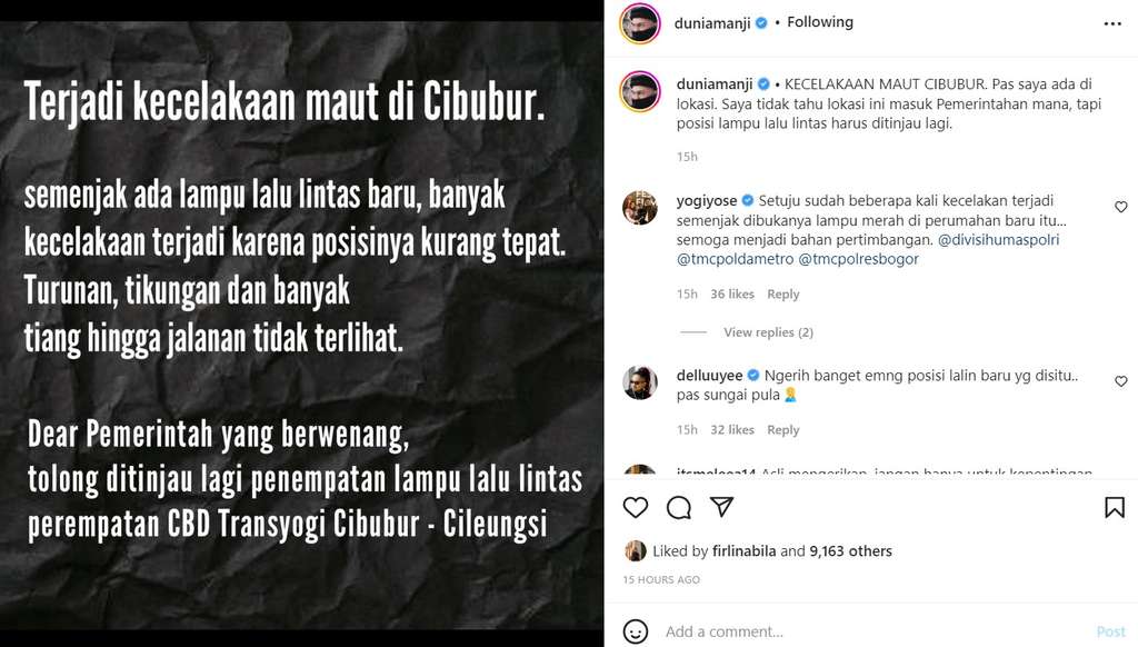 Unggahan Anji soal Kecelakaan maut di Cibubur