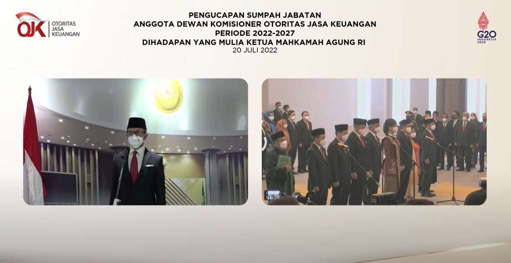 Pengambilan sumpah jabatan Dewan Komisioner OJK 2022-2027 (Foto: Youtube/Jasa Keuangan)