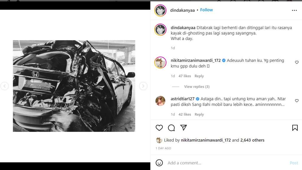 Kondisi mobil Dinda Kanya Dewi ringsek