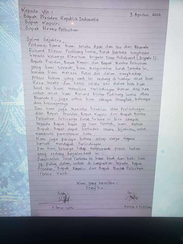 Surat orangtua Bharada E untuk Jokowi