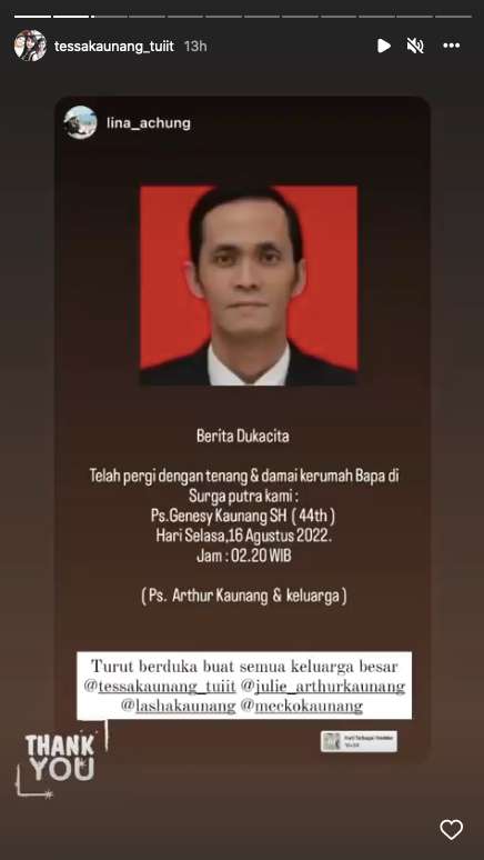 Adik Tessa Kaunang meninggal