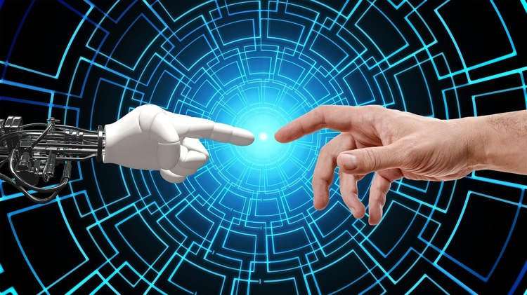 Ilustrasi robot humanoid virtual bertenaga AI.