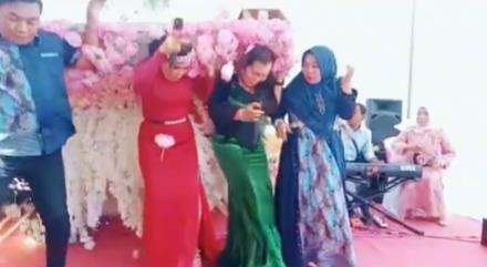 Nasib apes biduan saat asyik joget di panggung pelaminan.