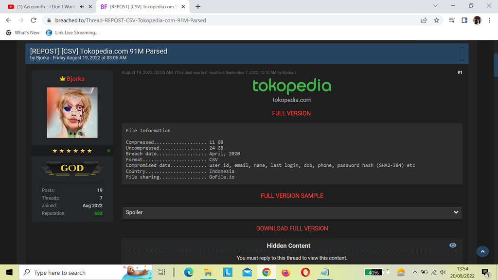 Data Tokopedia yang diunggah Bjorka di Forum Breached