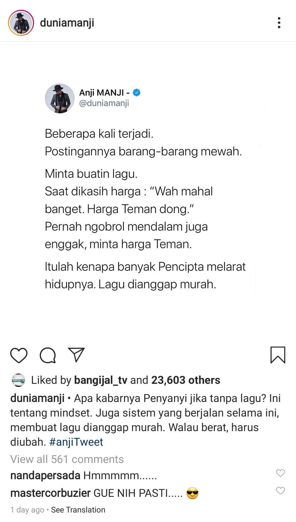 Unggahan penyanyi Anji