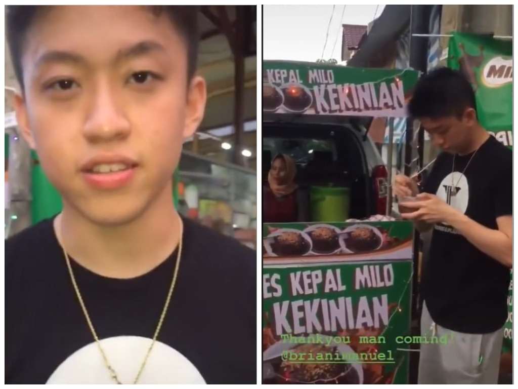 Rich Brian makan es kepal milo