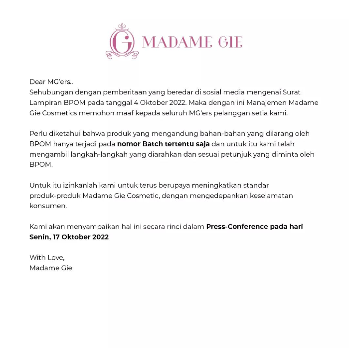 Klarifikasi Madame Gie