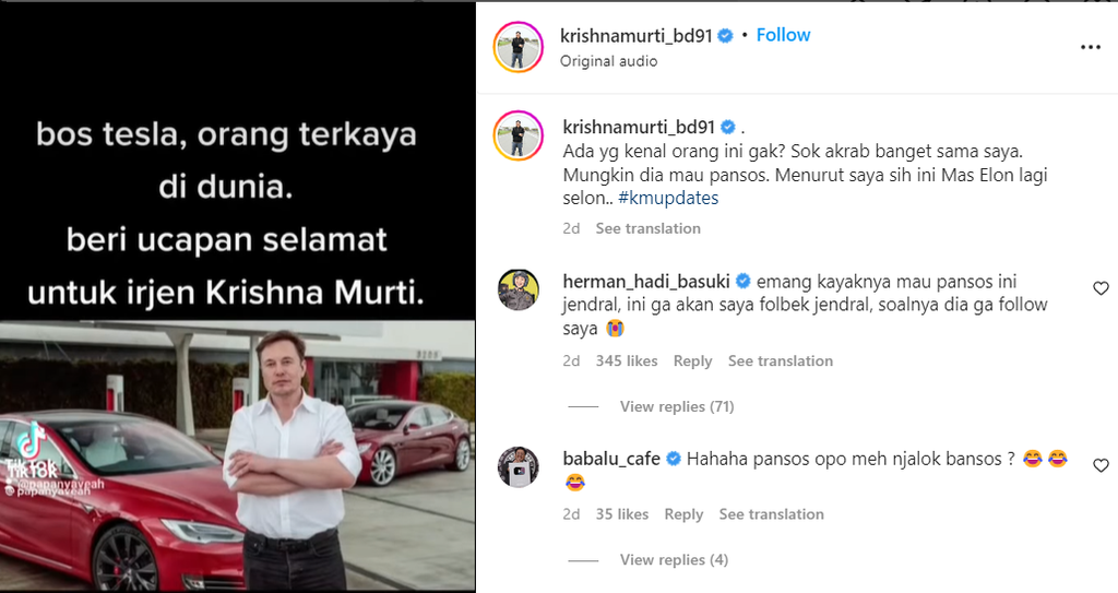 krishna murti dapat ucapan dari elon musk