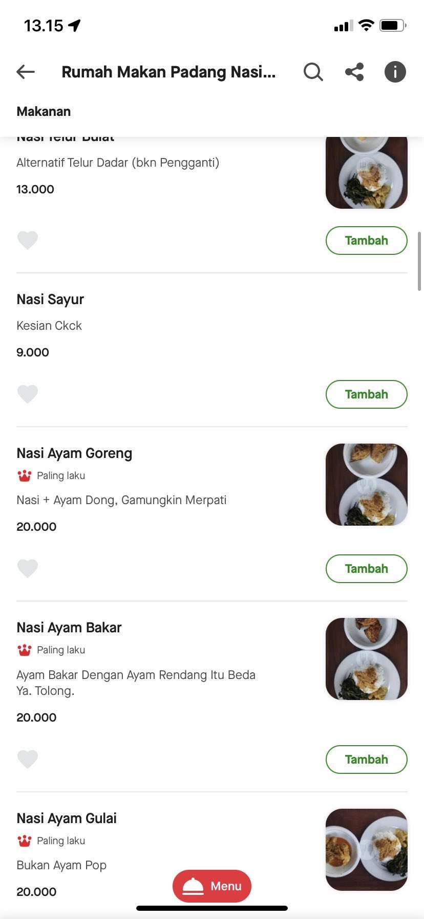 Viral Menu Rumah Makan Padang di Ojol Punya Deskripsi Unik
