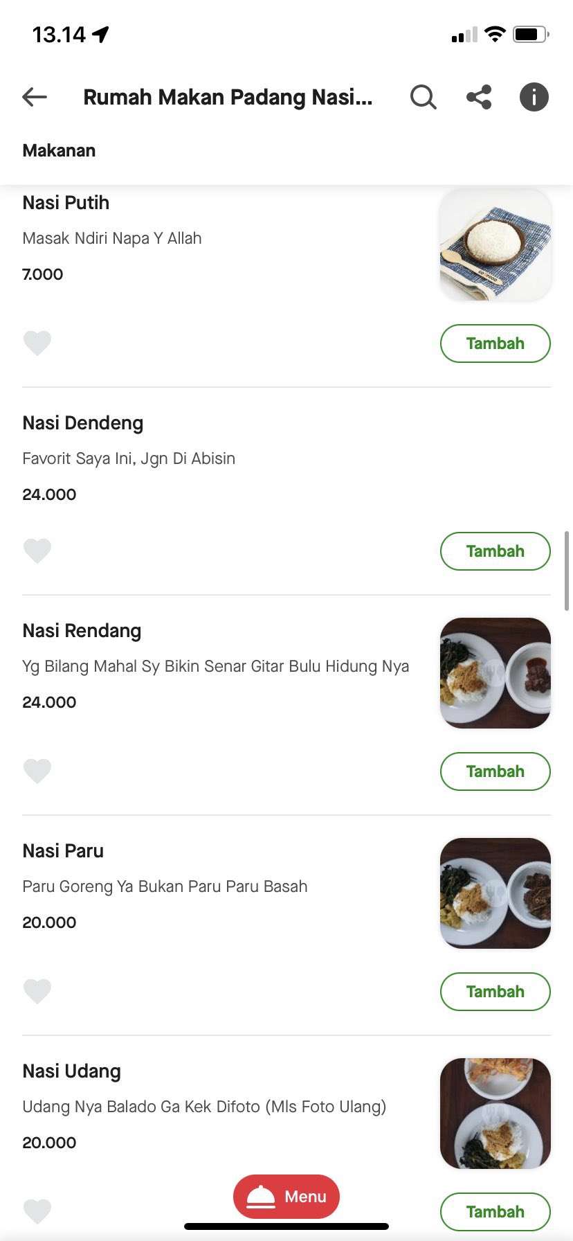 Viral Menu Rumah Makan Padang di Ojol Punya Deskripsi Unik