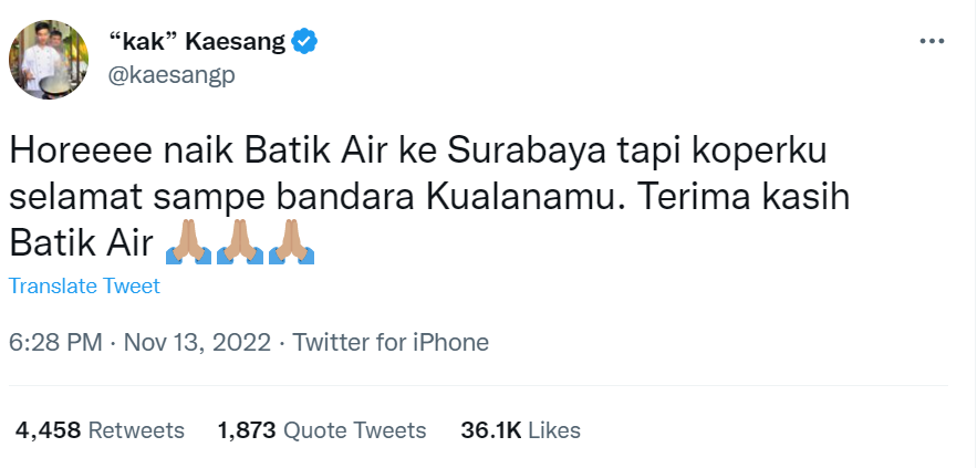 Kaesang Sudah Dapatkan Koper yang Nyasar ke Medan: Terima Kasih Batik Air