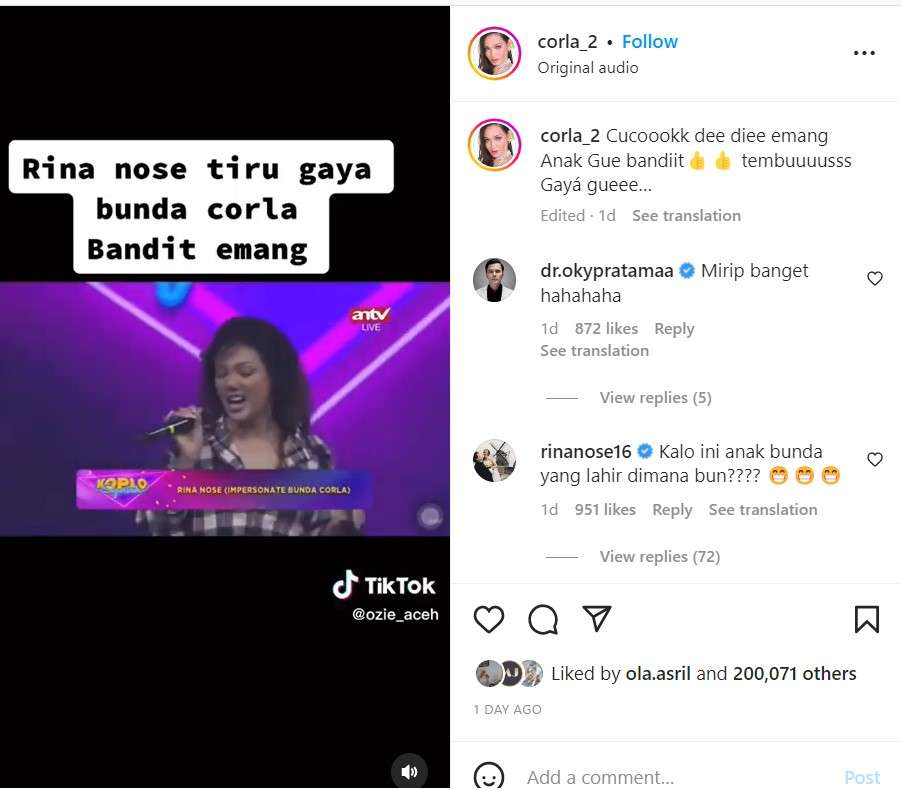 Rina Nose memparodikan Bunda Corla