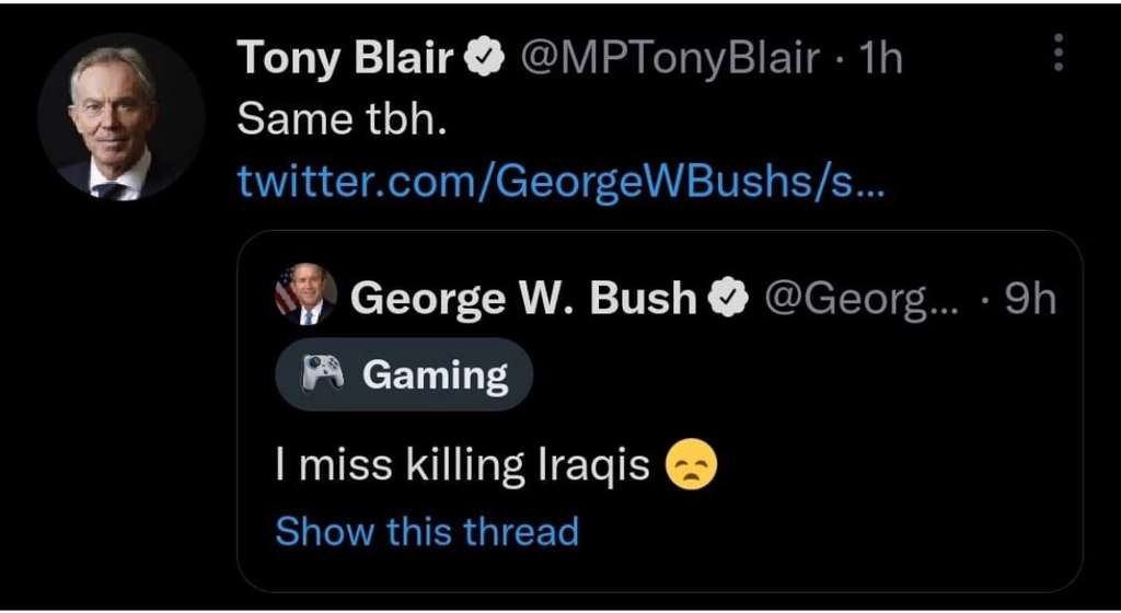 Akun Tony Blair palsu menggapi postingan akun Geroge Bush palsu Akun Tony Blair palsu menggapi postingan akun Geroge Bush palsu