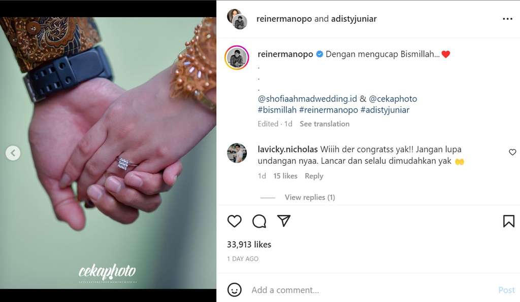 Reiner Manopo bertunangan