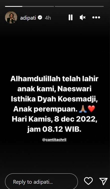 Istri Adipati Dolken melahirkan anak pertama