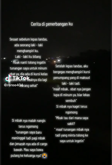 Viral Pengalaman Horor Pramugari Ditemui Arwah Penumpang, Minta Tolong Ingatkan Tunangan Minum Obat