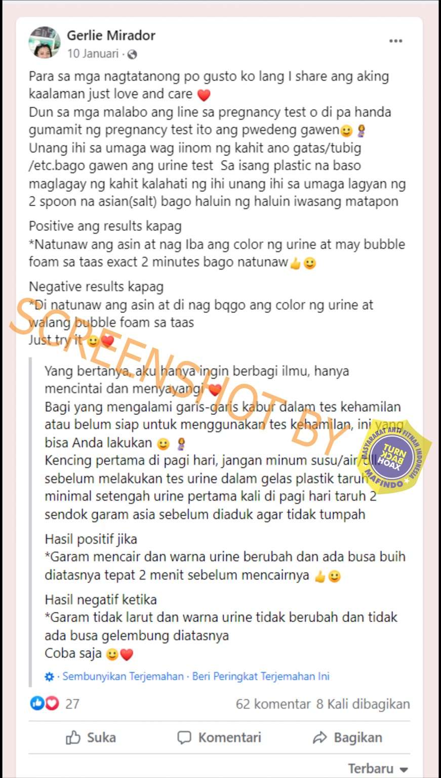Cek Fakta: Mencampur Air Urine dan Garam Dapat Mendeteksi Kehamilan