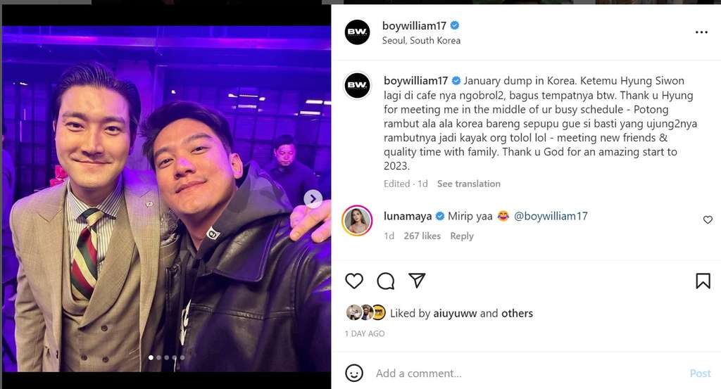 Unggahan Boy William bareng Siwon