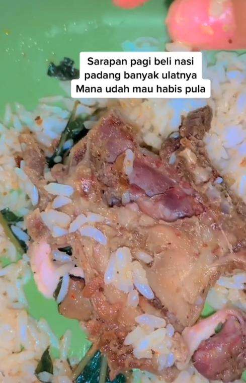 Sarapan nasi Padang malah temukan belatung di lauk ayamnya.