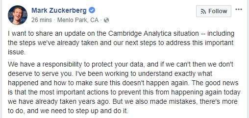 Komentar pertama Zuckerbeg di postingan Facebook soal Cambridge Analytica