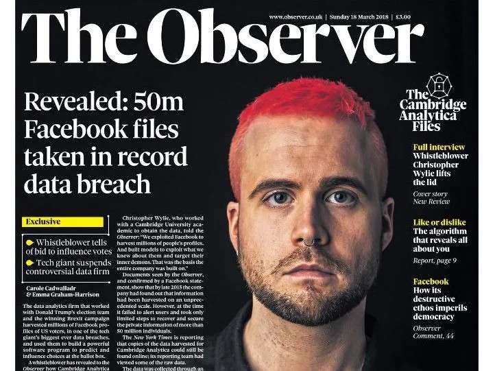 Christopher Wylie. saat tampil di headline The Observer