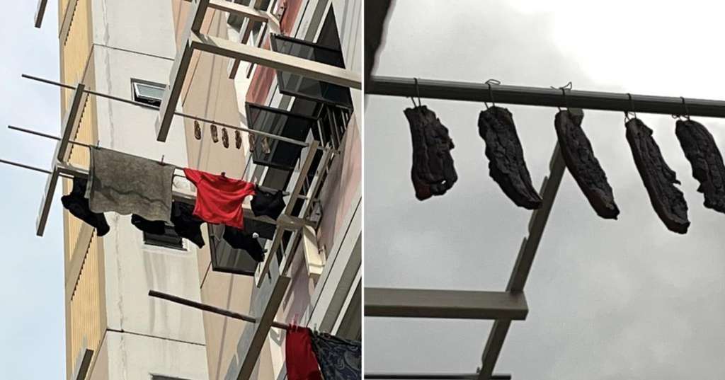 Jemur daging babi di kompleks rusun.