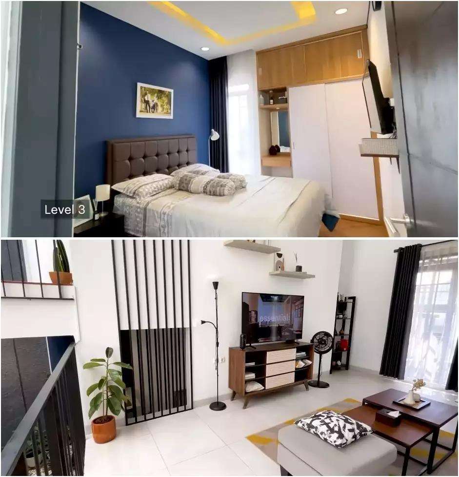 Desain rumah jadul tipe 45 jadi hunian modern bertema industrial dengan desain split level.