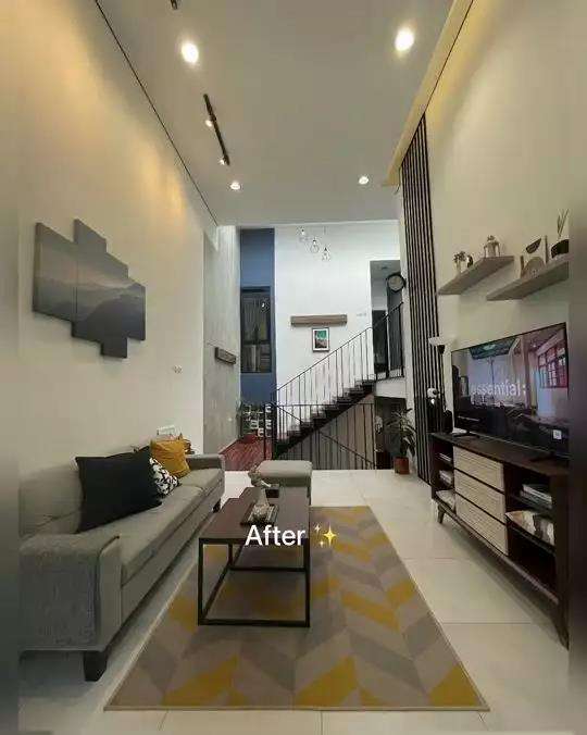 Desain rumah jadul tipe 45 jadi hunian modern bertema industrial dengan desain split level.