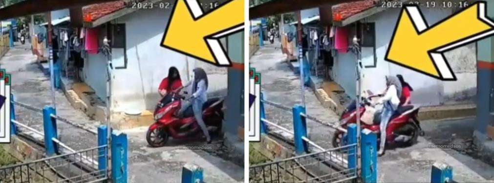 Cewek naik motor matik hampir jatuh ke sungai.