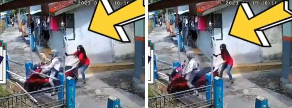 Cewek naik motor matik hampir jatuh ke sungai.