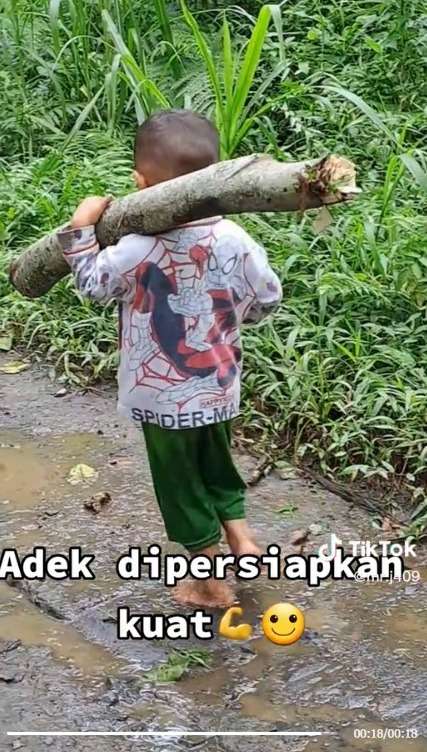 Dikuatkan Keadaan, Bocah Panggul Kayu Tanpa Alas Kaki di Jalan Becek dan Semak-Semak