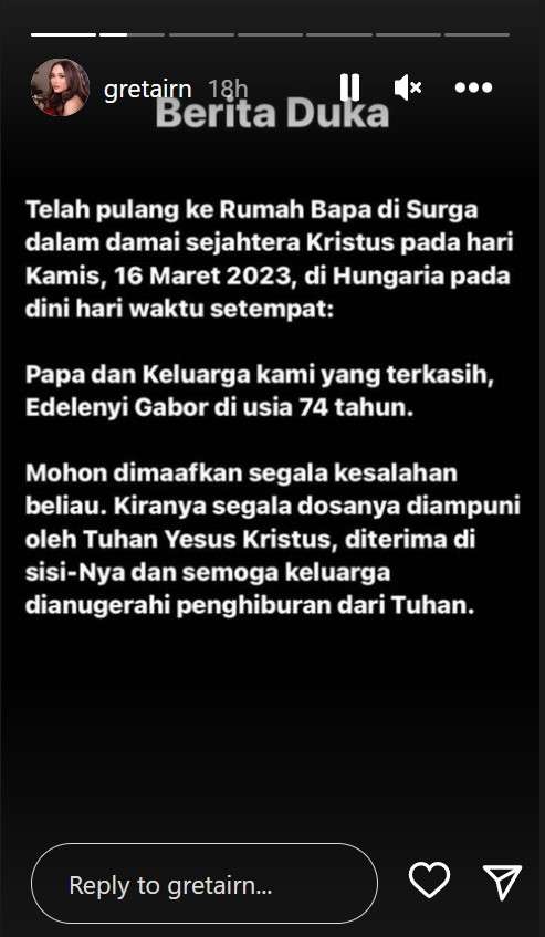 Ayah Irene meninggal dunia