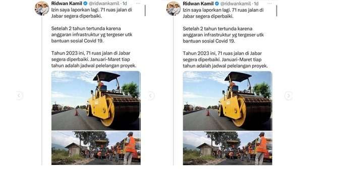 Viral Ridwan Kamil Pakai Foto Ilustrasi Perbaikan Jalan, Berujung Hapus Postingan dan Minta Maaf