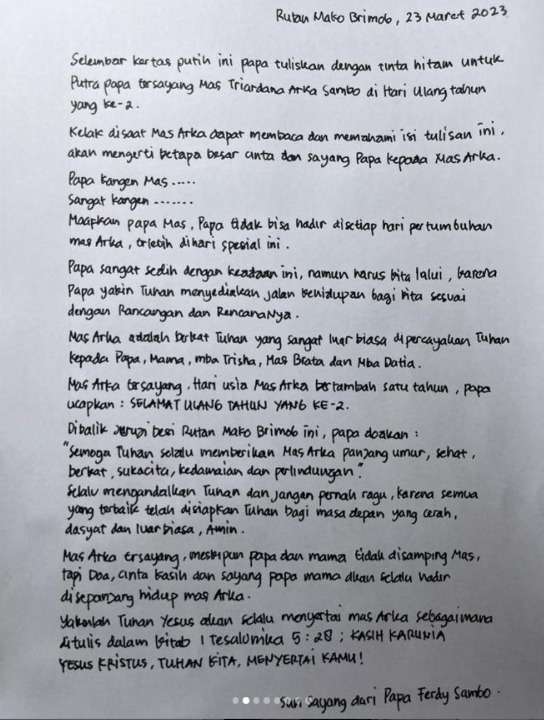 Pesan Haru Ferdy Sambo dan Putri Candrawathi di Hari Ulang Tahun Putra Bungsunya