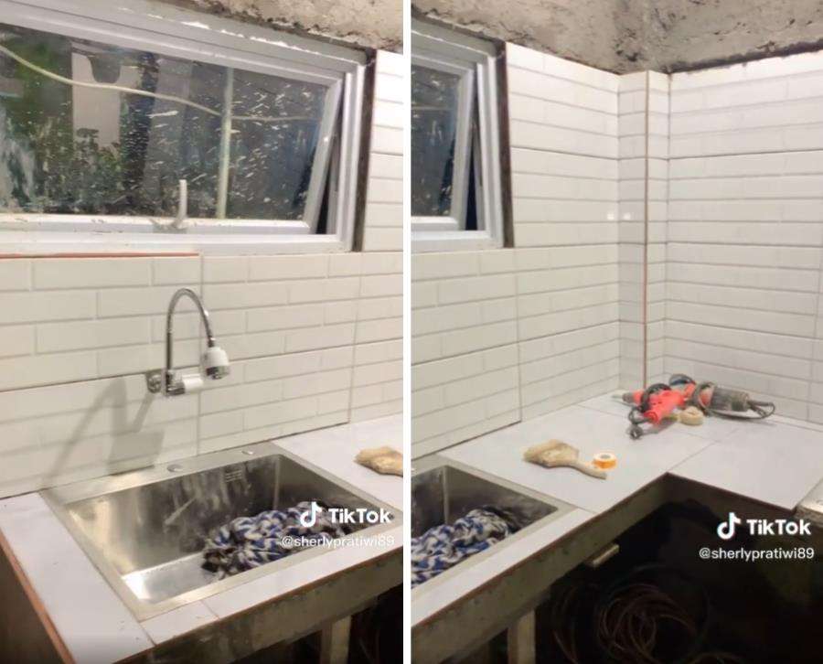 Makeover dapur sempit jadi dapur impian serba pink.