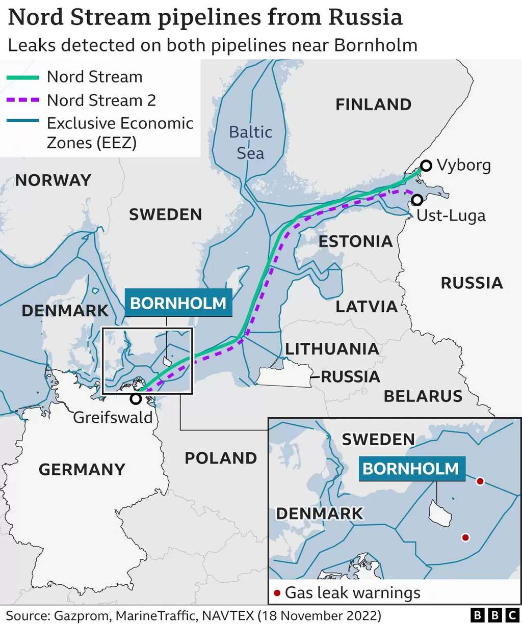 Peta titik ledakan pipa Nord Stream di dekat Pulau Bornholm, Denmark Peta titik ledakan pipa Nord Stream di dekat Pulau Bornholm, Denmark