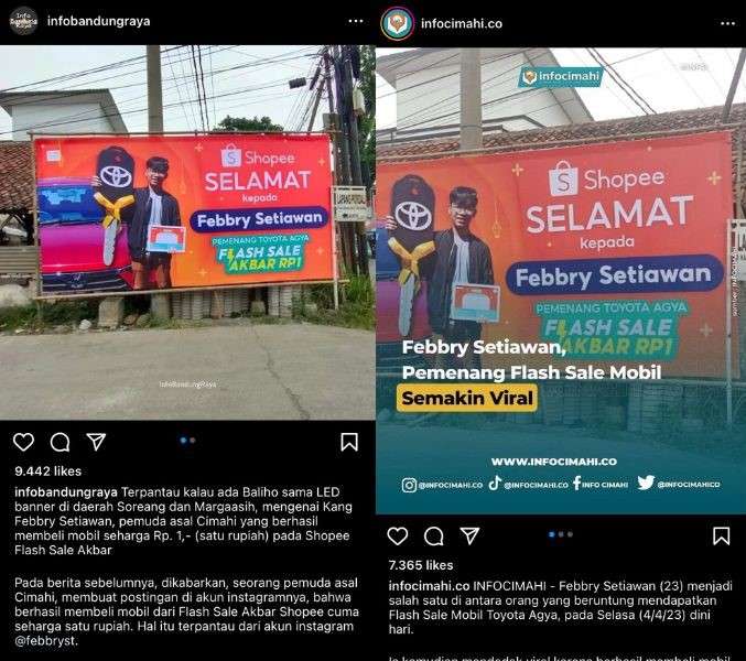 Setelah Mendapatkan Mobil Rp1 di Flash Sale Shopee, Wajah Pria Ini Terpampang di Kawasan Cimahi