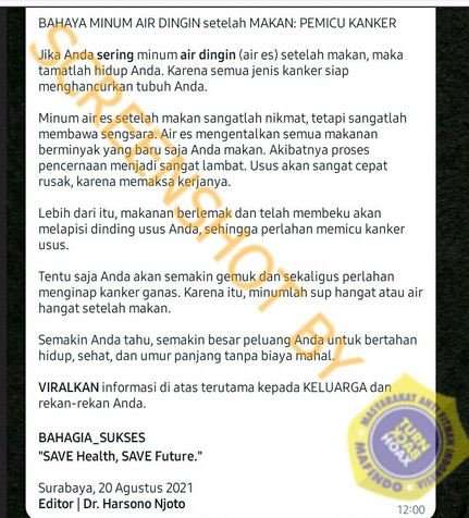 Cek Fakta: Minum Air Dingin Setelah Makan Sebabkan Kanker