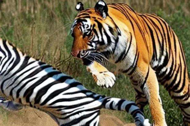 Foto harimau mengejar kuda zebra.