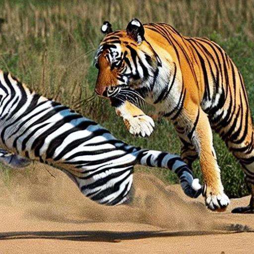 Foto harimau mengejar kuda zebra.